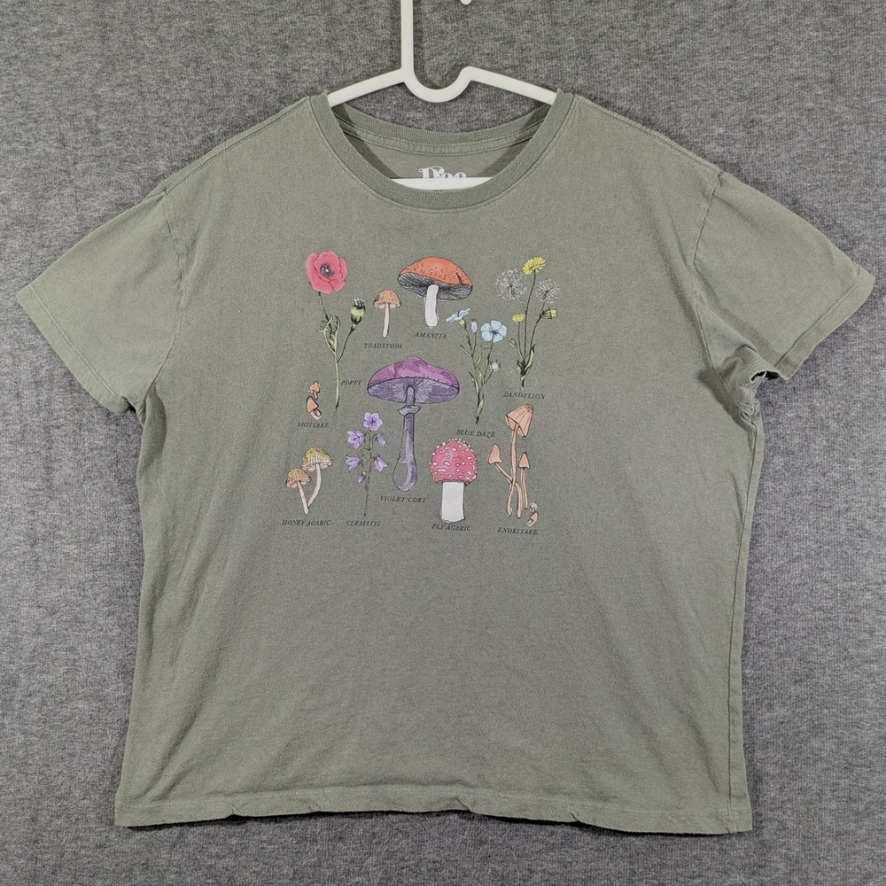 Doe Womens‎ Olive Green Floral Mushroom Graphic 100% Cotton T Shirt Size 2X